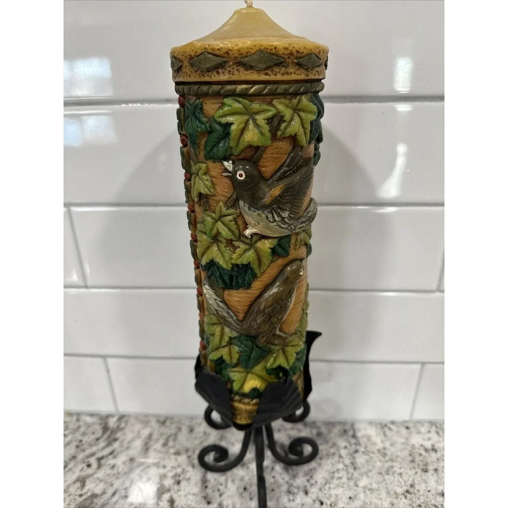 Vintage Pillar Candle With Iron Metal Holder Birds Leaves Great‎ Christmas Gift